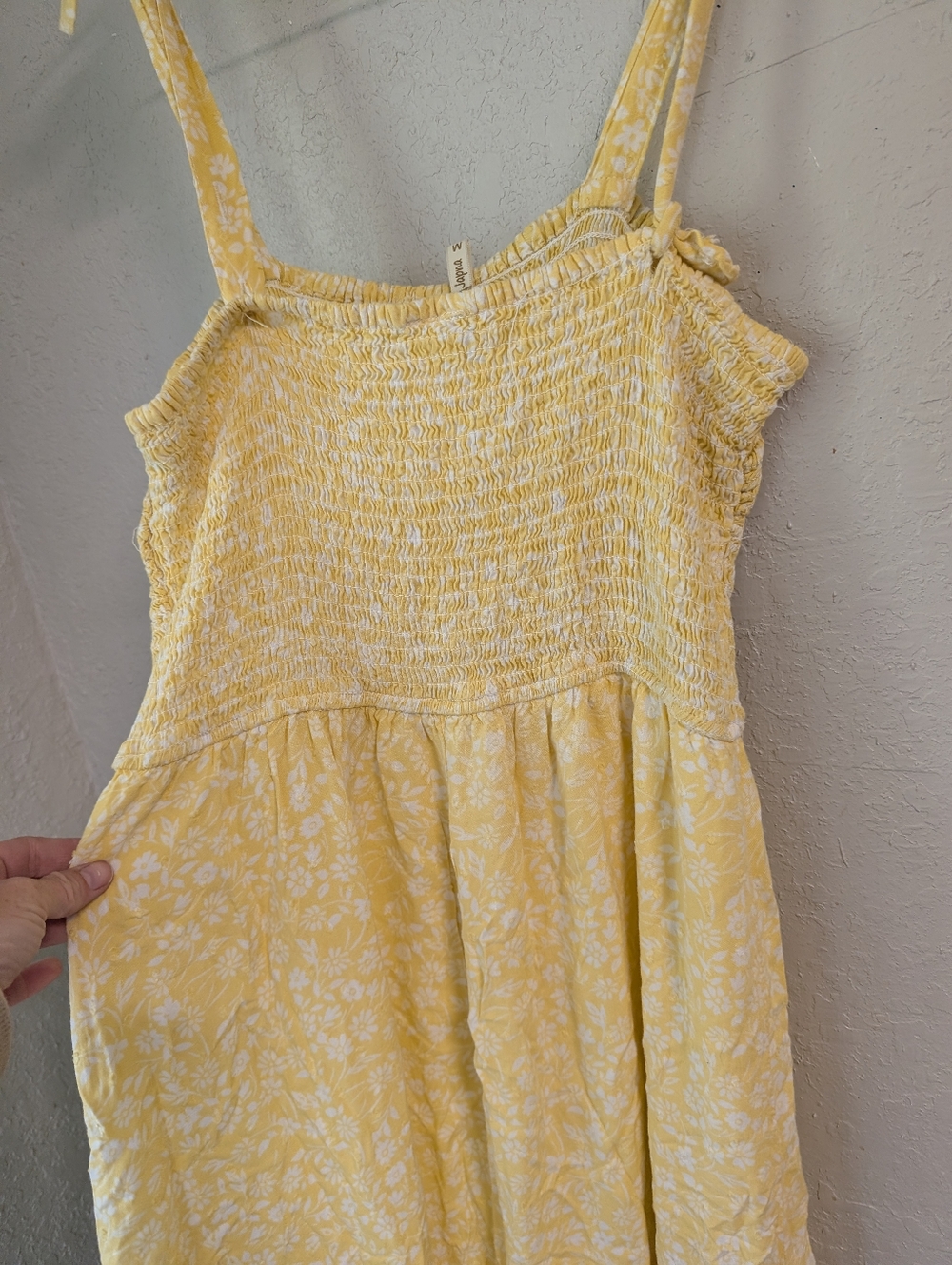 Yellow Smocked Maxi Sundress M Lined Bow Ruffle Floral Cottagecore Fairy Dainty - Picture 7 of 11